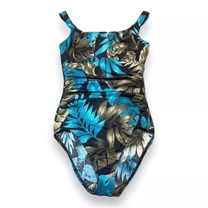 Lands End Tropical Floral Print Ruched One Piece Swimsuit Women 14 Black/blue